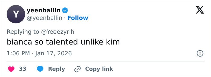 Screenshot of a tweet praising Bianca Censori’s unexpected talent, highlighting her breaking the internet with her skills.