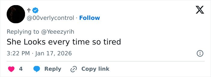 Tweet screenshot showing a user commenting on Bianca Censori’s unexpected talent, mentioning she looks tired.