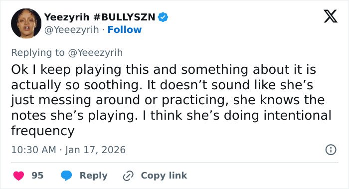 Screenshot of a tweet discussing Bianca Censori’s unexpected talent breaking the internet, praising her intentional skill.