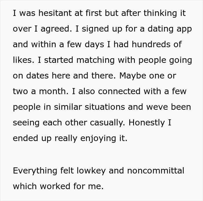 Text from a man’s plan to open relationship to date younger coworker, describing his experience with dating apps and casual connections.