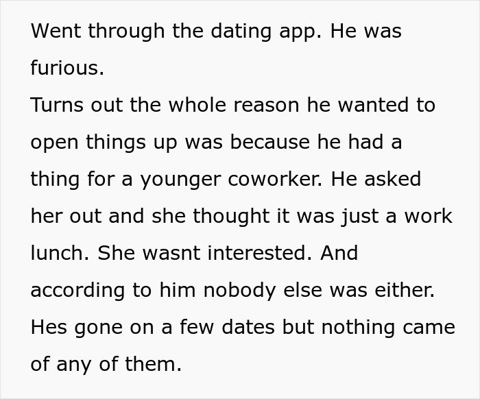 Man’s plan to open relationship to date younger coworker backfires as she shows no interest in him.