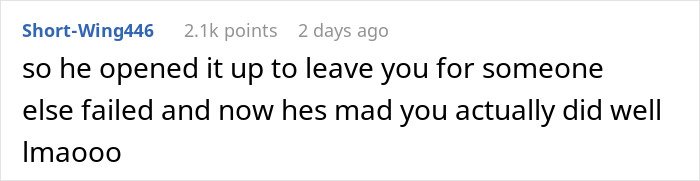 Screenshot of a social media comment about a man’s plan to open relationship backfiring when coworker is uninterested.