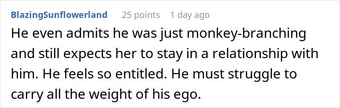 Screenshot of a social media comment about a man’s plan to open relationship to date younger coworker backfiring.