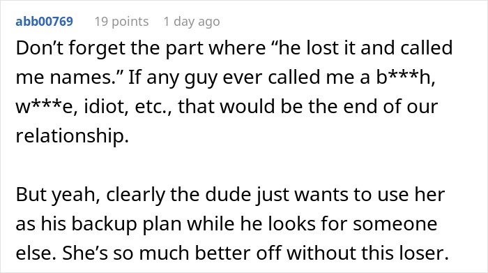 Comment discussing man's plan to open relationship to date younger coworker backfiring when she’s not interested.