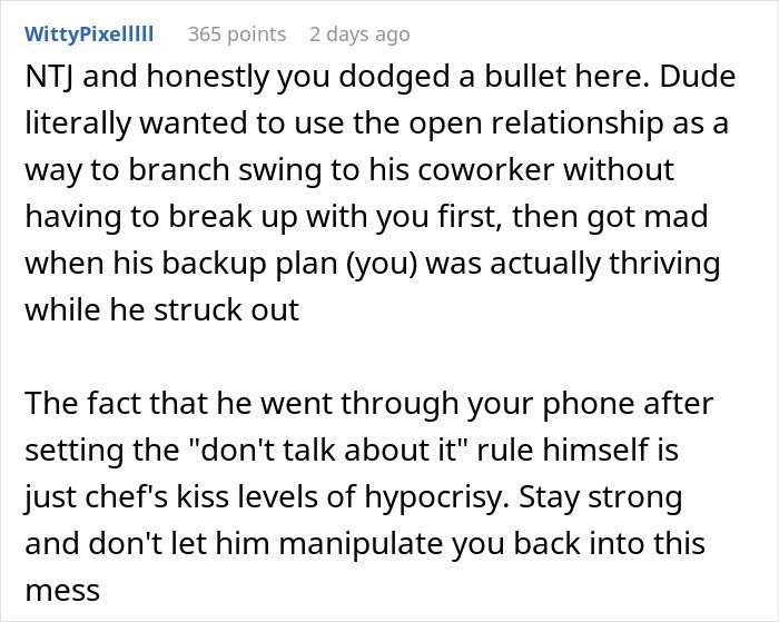 Comment discussing a man’s plan to open relationship to date younger coworker backfiring when she’s not interested.