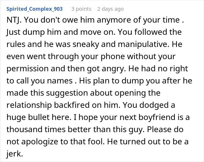 Comment text discussing a man’s plan to open relationship to date younger coworker backfiring when she’s not interested.