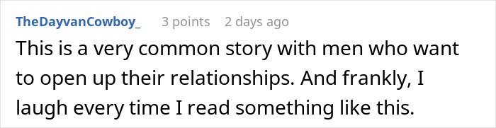 Comment text about a man’s plan to open relationship to date younger coworker who is not interested.