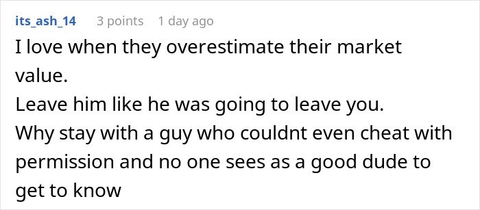 Screenshot of a social media comment discussing a man’s plan to open relationship to date younger coworker backfiring.