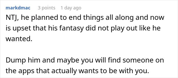 Screenshot of a forum comment discussing a man’s plan to open relationship backfiring when coworker is not interested.