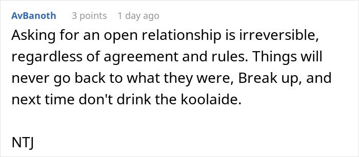Commenter warning about risks of opening a relationship, mentioning breakups and regret when plans to date younger coworker backfire.