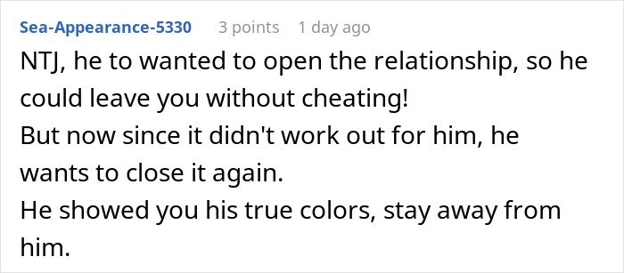 Screenshot of a text comment discussing a man's plan to open relationship to date younger coworker that backfires when she’s uninterested.