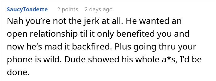 Screenshot of a social media comment discussing a man’s plan to open relationship backfiring with younger coworker.