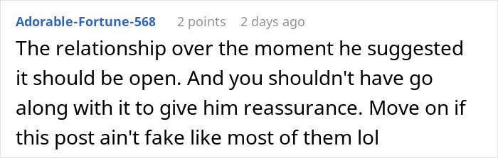 Screenshot of a forum comment discussing a man’s plan to open relationship backfiring with younger coworker.