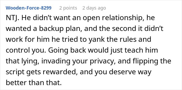 Text comment discussing a man’s plan to open relationship and date younger coworker backfiring when she shows no interest.