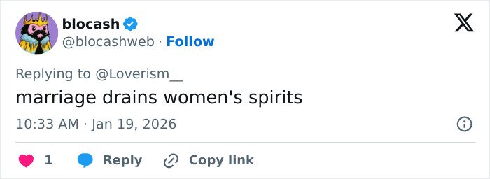 Tweet text saying marriage drains women's spirits posted by user blocashweb with a colorful avatar on social media platform.