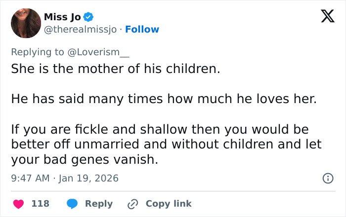 Tweet discussing trolls attacking Pierce Brosnan's wife over her transformation, with a reminder to avoid marriage.
