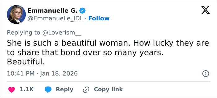 Tweet from Emmanuelle G. praising a woman’s beauty and long-lasting bond in a heartfelt comment on social media.