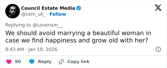 Screenshot of a Twitter post discussing the reminder to avoid marriage and its relation to trolls attacking Pierce Brosnan's wife.
