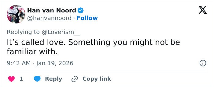 Tweet by Han van Noord responding to online trolls, highlighting love amid attacks related to Pierce Brosnan's wife transformation.