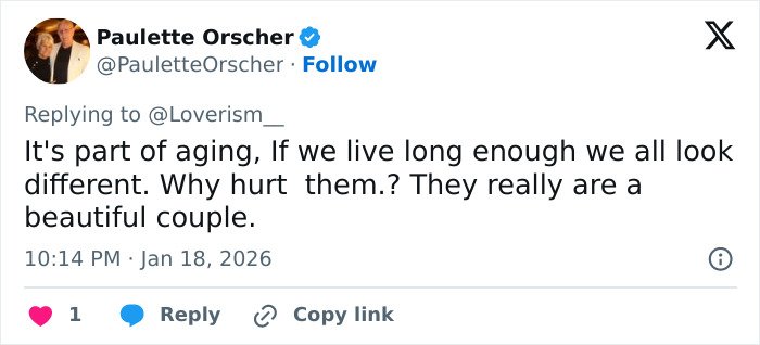 Tweet from Paulette Orscher defending Pierce Brosnan's wife, 62, amid trolls attacking her transformation online.