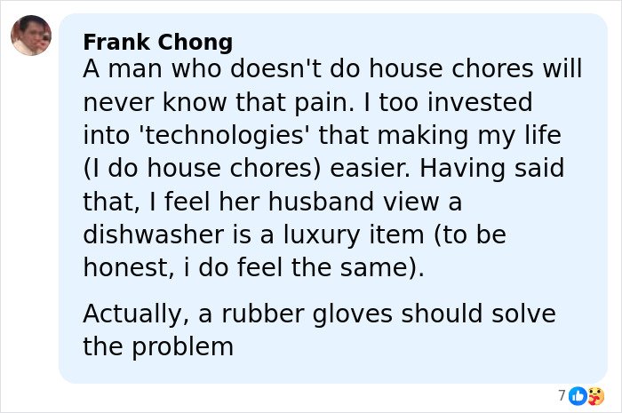Commenter Frank Chong discusses house chores and reactions to a $215 dishwasher purchase causing conflict.