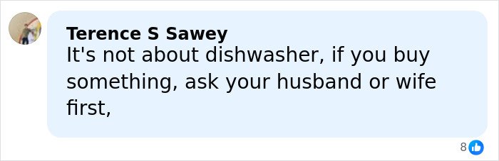 Commenter discussing the husband’s violent reaction after wife buys $215 dishwasher without telling him.