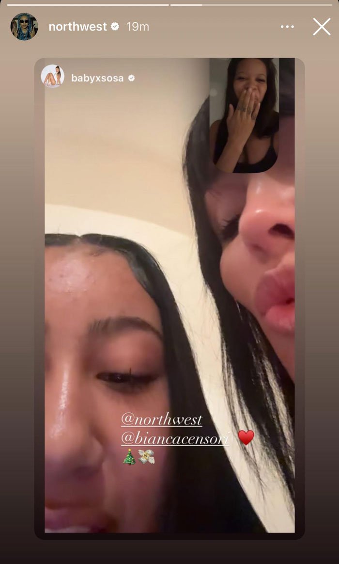 North West with a sad expression and Bianca Censori in a close family photo going viral on social media.