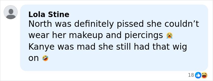 Social media comment discussing North West’s sad expression and Kanye was mad in family photo with Bianca Censori.