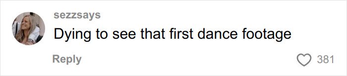 Comment on social media from user sezzsays expressing excitement to see first dance footage amid Brooklyn Beckham family feud online discussion.