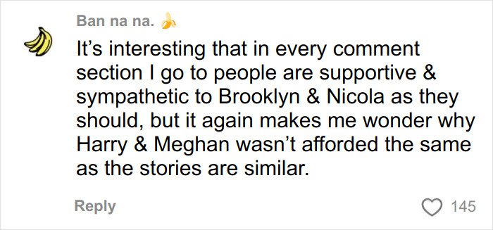 Comment highlighting sympathy for Brooklyn Beckham and Nicola amid family feud discussions online.