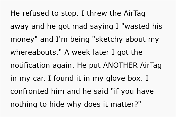 Text excerpt showing a man upset his 27-year-old son won’t let him track his car with an AirTag for safety reasons.