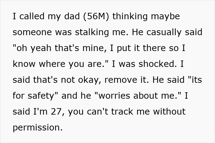 Text message conversation about a man upset his 27-year-old son won’t let him track his car with an AirTag for safety.