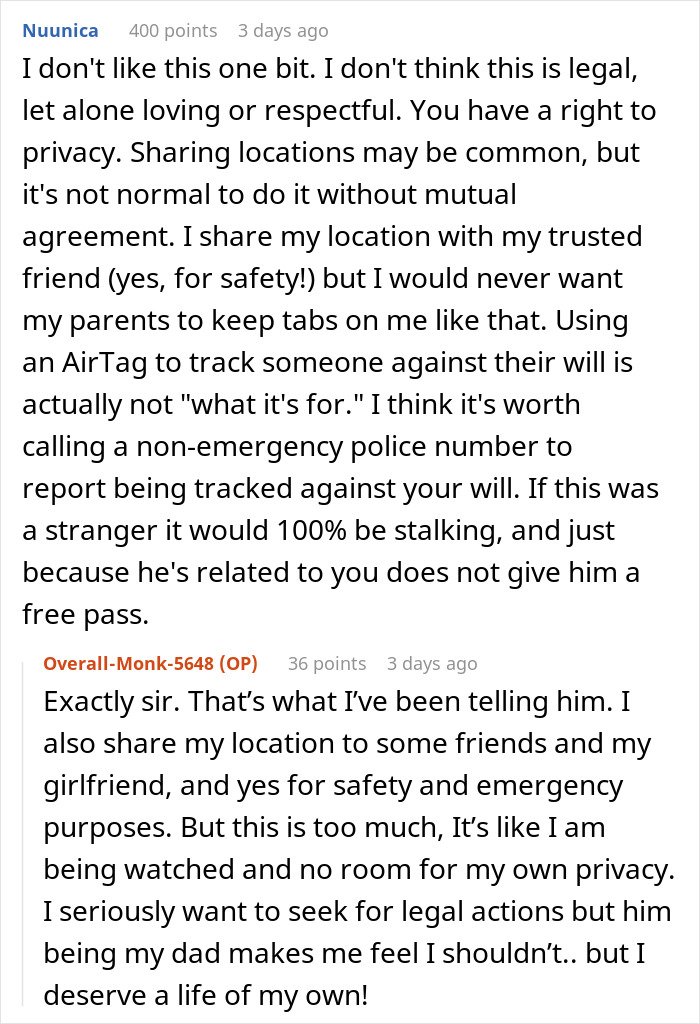 Man upset his 27-year-old son won’t let him track his car with an AirTag for safety concerns and privacy boundaries.