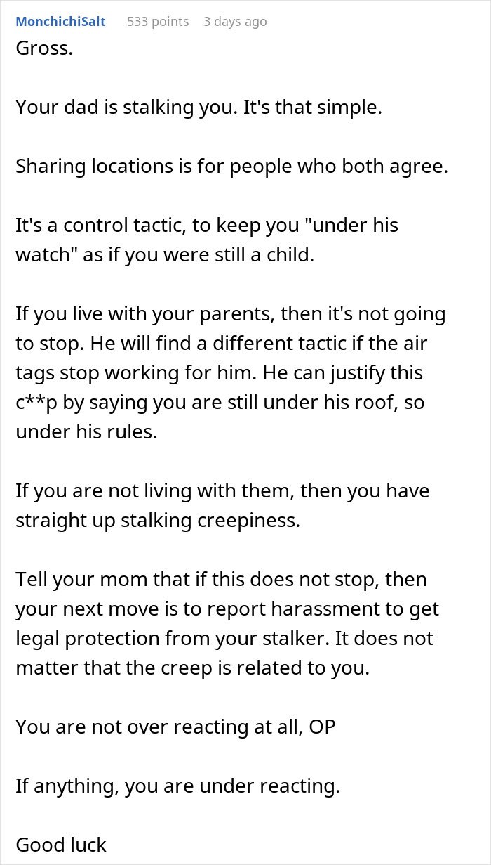 Comment expressing concerns about a man upset his 27YO son won’t let him track his car with an AirTag for safety.