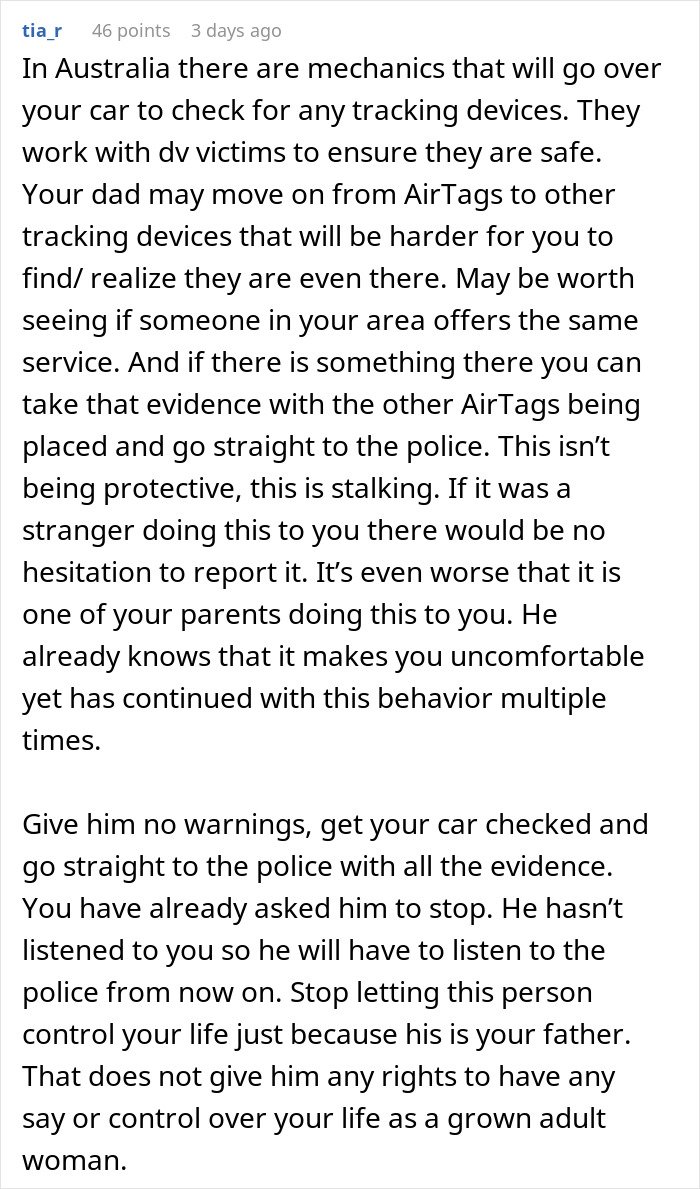 Comment discussing a man upset his 27-year-old son won’t let him track his car with an AirTag for safety concerns.