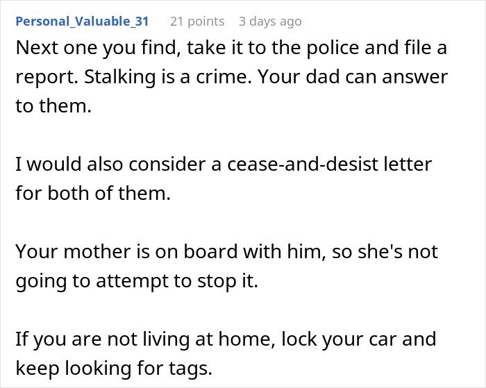 Comment advising to report stalking and consider legal action as man upset 27YO son won’t let him track car with an AirTag for safety.