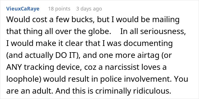 Man upset his 27YO son won’t let him track his car with an AirTag for safety concerns in a text discussion.