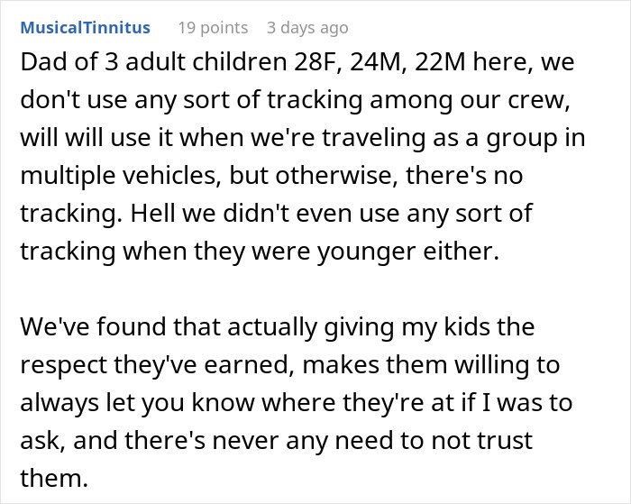 Comment about dad upset 27YO son won’t let him track his car with an AirTag for safety on a forum page.