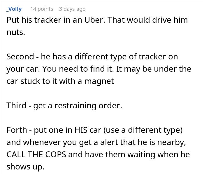 Comment suggesting ways to handle a man upset his 27YO son won’t let him track his car with an AirTag for safety.