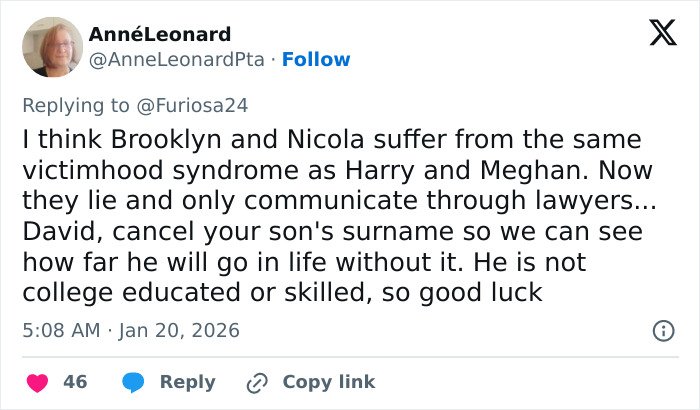 Tweet criticizing Brooklyn Beckham&rsquo;s accusations against parents, highlighting perceived victimhood and family issues online.
