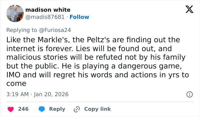 Screenshot of a social media post discussing Brooklyn Beckham's accusations and public reactions highlighting contradictions and backlash.