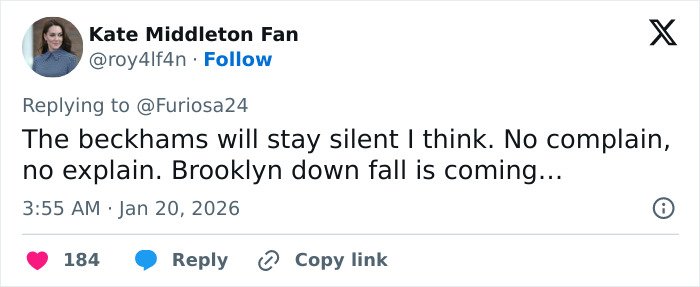 Screenshot of a tweet discussing Brooklyn Beckham&rsquo;s biting accusations against parents and fans spotting contradictions online.