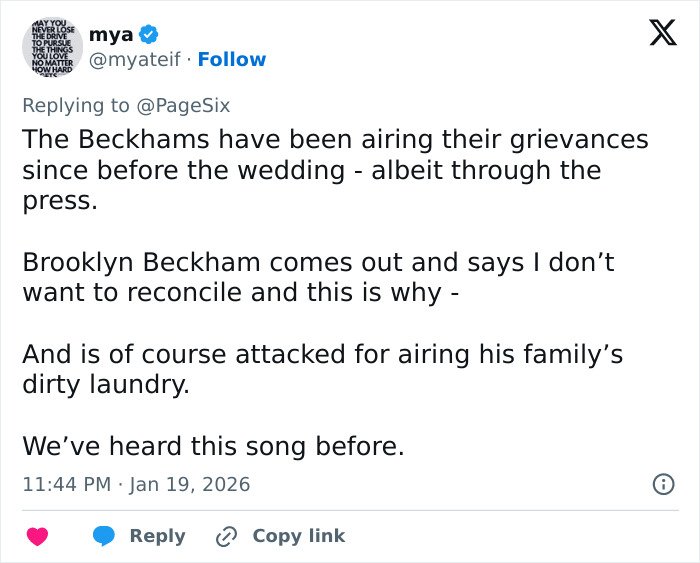 Tweet discussing Brooklyn Beckham's biting accusations against parents, fan reactions, and spotted contradictions in the family feud.