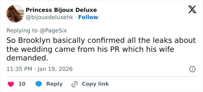 Tweet from Princess Bijoux Deluxe claiming Brooklyn confirmed wedding leaks from his PR, linking to Brooklyn Beckham accusations controversy.