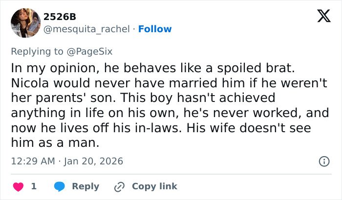Screenshot of a social media reply criticizing Brooklyn Beckham&rsquo;s behavior amid accusations against parents.