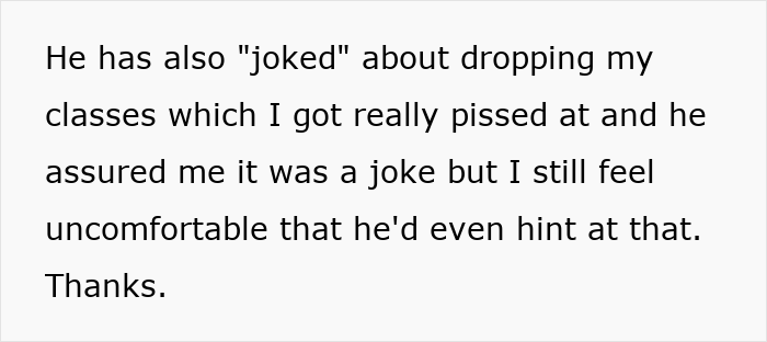 Text message expressing discomfort about brother’s stalker tendencies and impact on college and mental health.