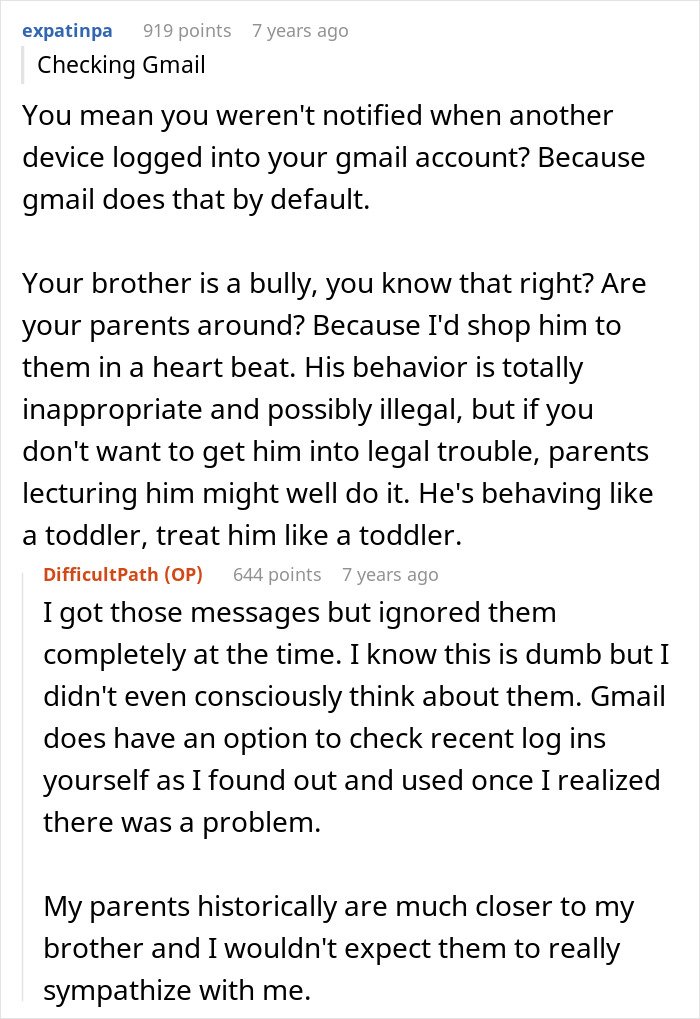Reddit thread discussing brother’s stalking behavior causing loss of college, job, and mental health struggles for woman.