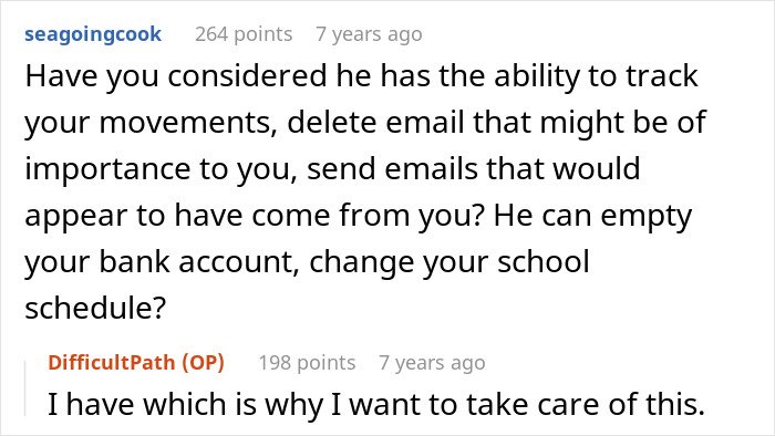 Screenshot of online discussion about brother’s stalker tendencies affecting a woman’s college, job, and mental health.