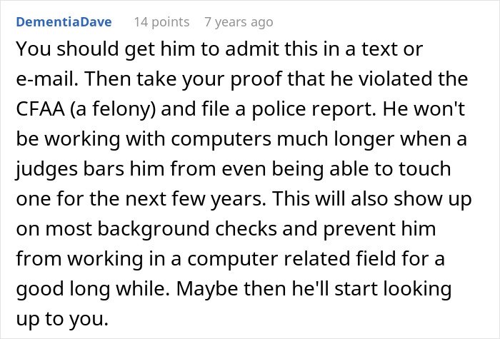 Comment advising to get a confession via text or email to prove brother’s stalker tendencies and file a police report.