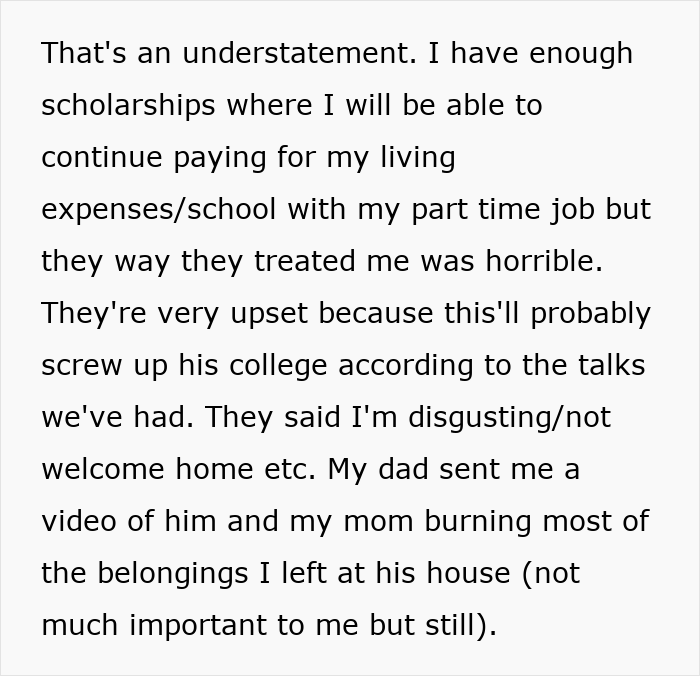 Text excerpt describing a woman’s struggles with college, job loss, and family conflict due to brother’s stalker tendencies.